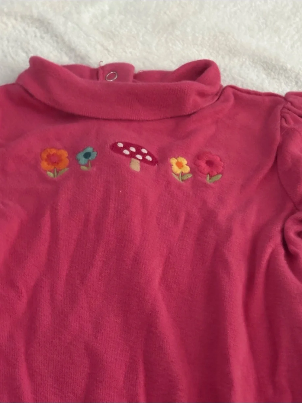 Gymboree pink baby bodysuit embroidered flowers and mushrooms, size 6-12 months